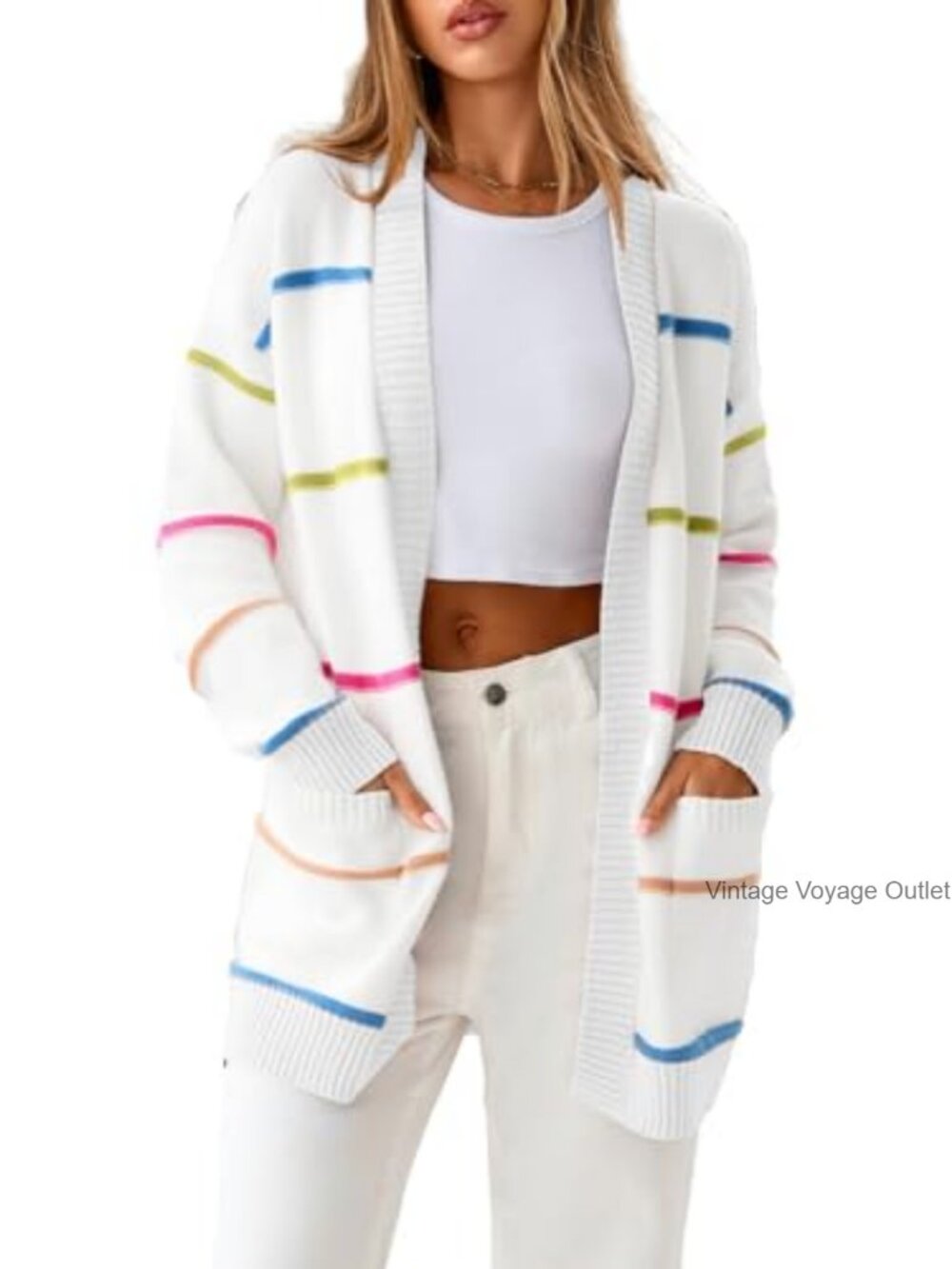 Open Front Striped Cardigan Lightweight Long Sleeve